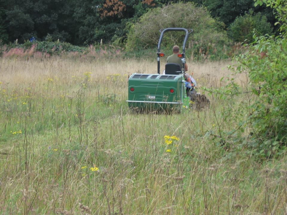 Sutton's Biodiversity Officer Dave on the flail collector, mowing the 'receptor' site.